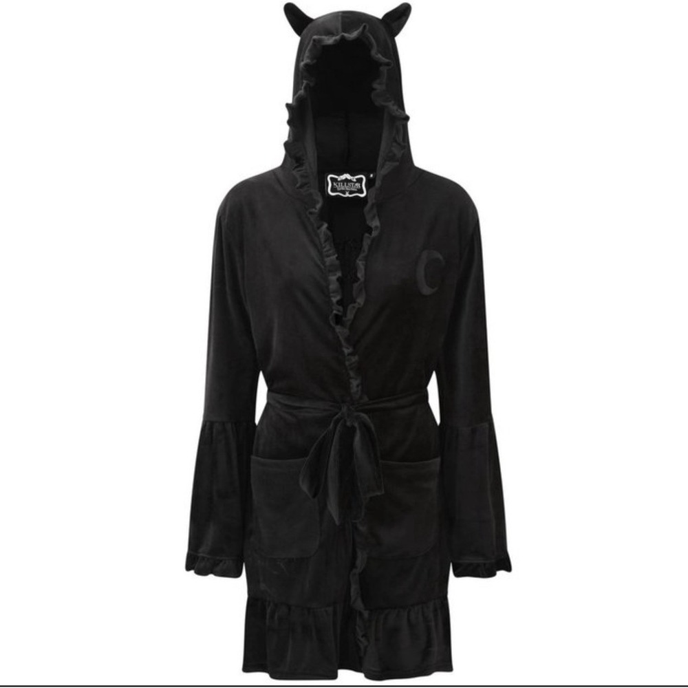 Killstar Night Marry Black Robe Size XS Velvet Hooded Embroidered Whimsygoth
